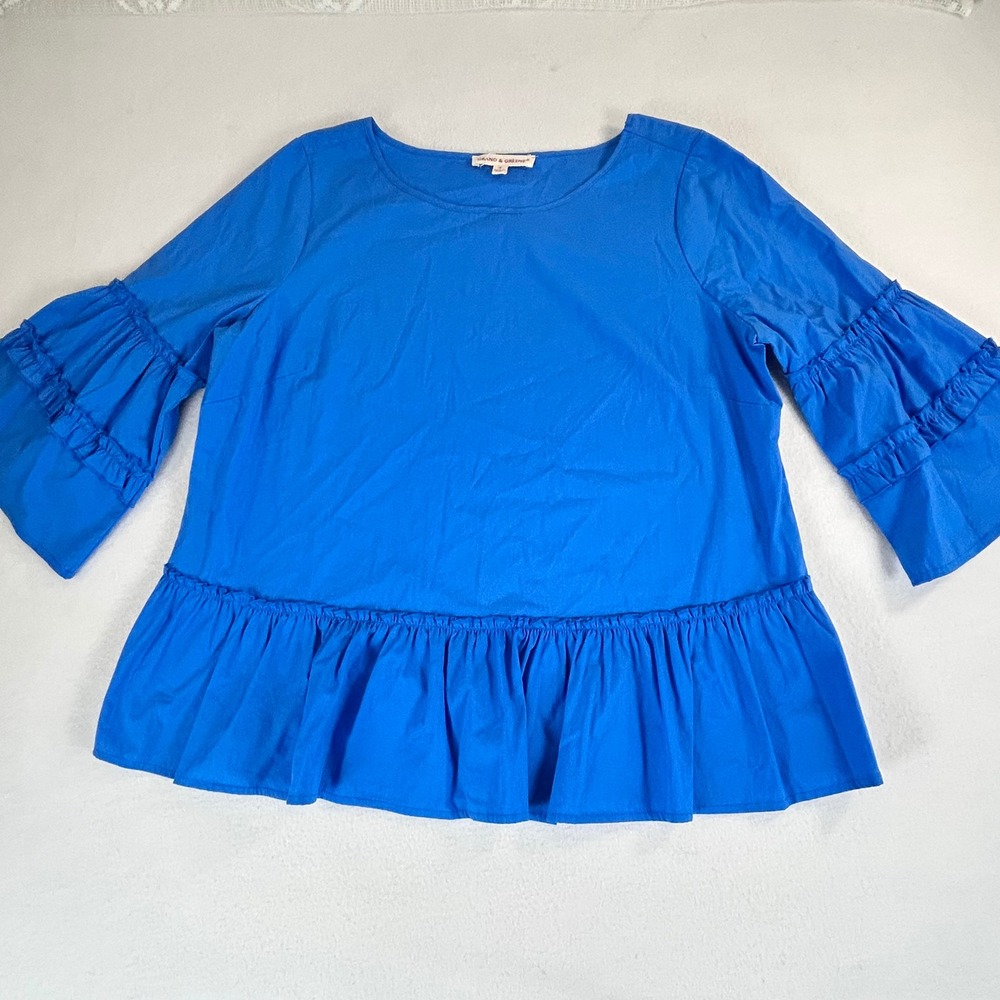 Grand & Greene Blue Ruffle Bell Sleeve Peplum Top Womens Small Stretch Cotton S